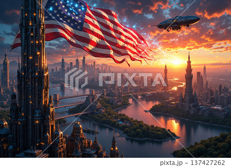 American flag over majestic city with futuristic vehicle American flag over majestic city with futuristic vehicle 137427262
