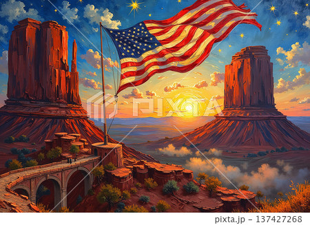American flag over monument valley at vivid sunset 137427268