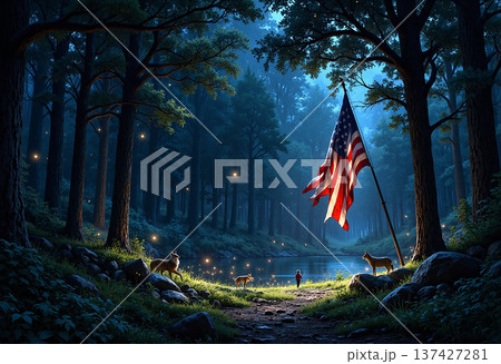 American flag over tranquil forest with fireflies at night American flag over tranquil forest with fireflies at night 137427281