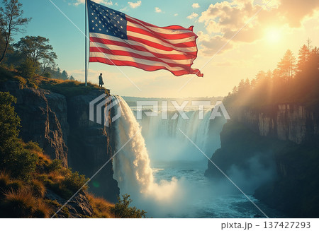 American flag overlooks a powerful waterfall at sunrise 137427293