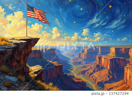 American flag overlooks canyon sky American flag overlooks canyon sky 137427294