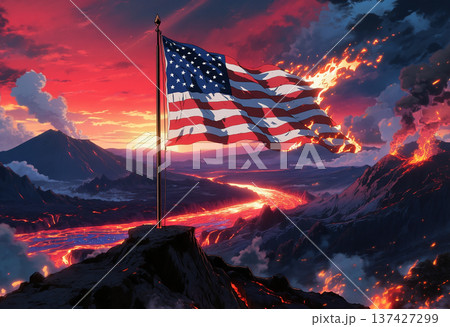 American flag ablaze over a volcanic eruption landscape American flag ablaze over a volcanic eruption landscape 137427299