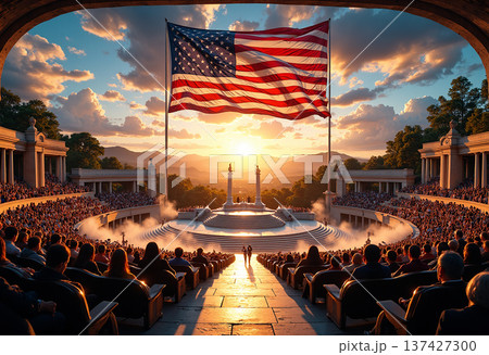 American flag above amphitheater at sunset American flag above amphitheater at sunset 137427300