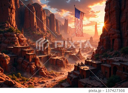 American flag against red rock canyon city sunset American flag against red rock canyon city sunset 137427308