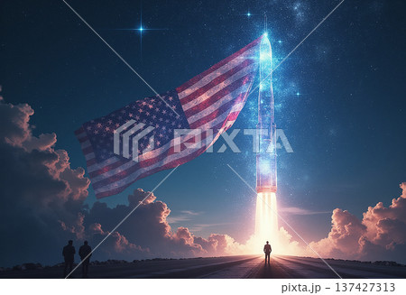 American flag and rocket launch into starry night American flag and rocket launch into starry night 137427313