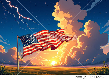 American flag at sunset with lightning overhead 137427322