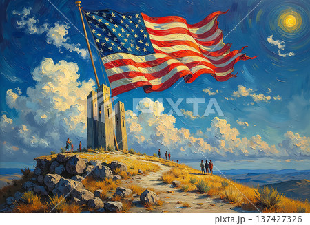 American flag atop a hill with people observing 137427326