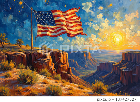 American flag atop canyon with vibrant sunrise sky American flag atop canyon with vibrant sunrise sky 137427327