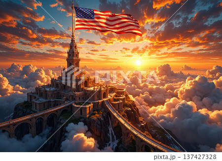 American flag atop fantasy castle in clouds 137427328