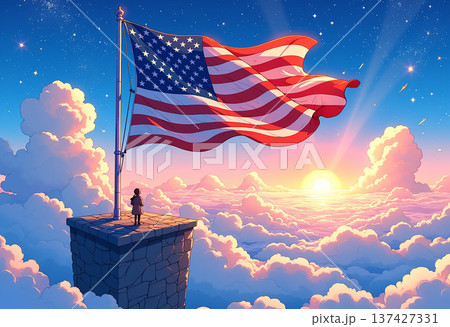 American flag atop pillar overlooking cloudscape 137427331