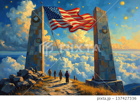 American flag between two monumental stone pillars 137427336
