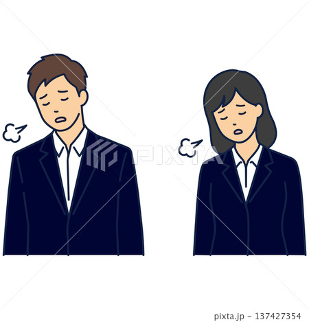 ため息をついて深く落ち込むビジネススーツ姿の若い男女のイラスト 137427354