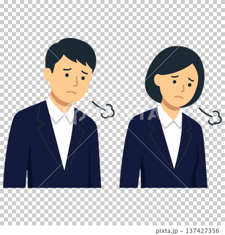 ため息をついて深く落ち込むビジネススーツ姿の若い男女のイラスト 137427356