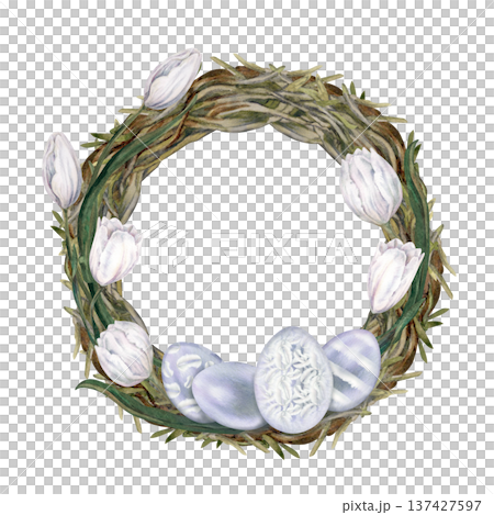 Watercolor wreath, decorated eggs, white flowers isolated on white background. Soft natural spring composition symbolizing renewal, Easter celebration for invitations, greeting cards, seasonal design 137427597