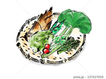 春野菜の籠盛りセット筆書き和風イラスト素材 春野菜の籠盛りセット筆書き和風イラスト素材 137427939