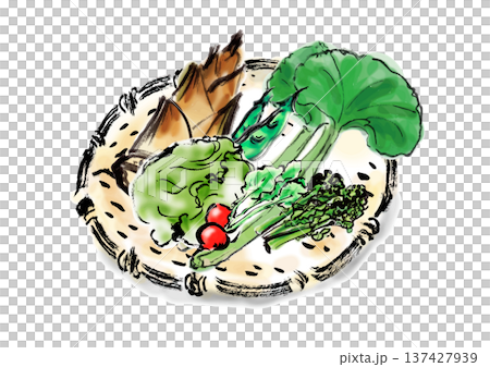 春野菜の籠盛りセット筆書き和風イラスト素材 春野菜の籠盛りセット筆書き和風イラスト素材 137427939