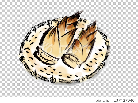 筍の籠盛り筆書き和風イラスト素材 137427940