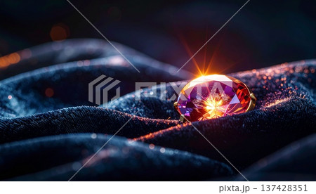 濃紺のベルベットに置かれた幻想的に発光するアメジスト風宝石：高級感あふれるジュエリーのクローズアップ 137428351