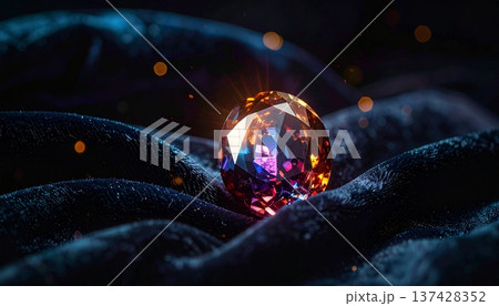 濃紺のベルベットに置かれた幻想的に発光するアメジスト風宝石：高級感あふれるジュエリーのクローズアップ 137428352