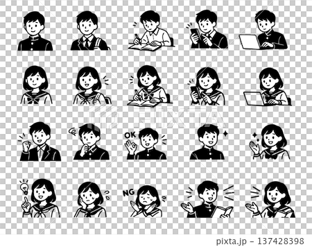高校生アイコンセット シンプルな男女学生のモノクロピクトグラム 勉強 スマホ パソコン 137428398