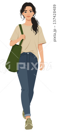 Woman walk with green tote bag Woman walk with green tote bag 137428489