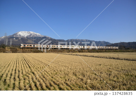 快晴の空の下雪が残る伊吹山を背景に走るJR東海313系電車 137428635