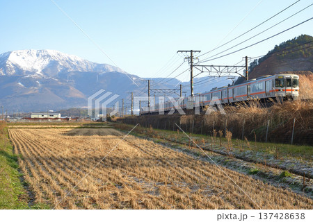 快晴の空の下雪が残る伊吹山を背景に走るJR東海313系電車 137428638