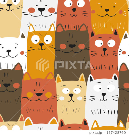 Seamless pattern with cute kitten print. Different scandy cats on color background. Scandinavian style illustration for kids. Vector illustration for fabric, textile, wallpaper, home clothing, pajama Seamless pattern with cute kitten print. Different scandy cats on color background. Scandinavian style illustration for kids. Vector illustration for fabric, textile, wallpaper, home clothing, pajama 137428760