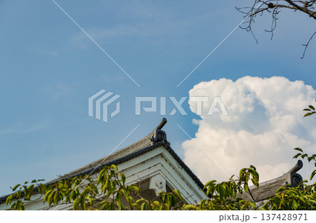福山城の伝統的な屋根と青空 137428971