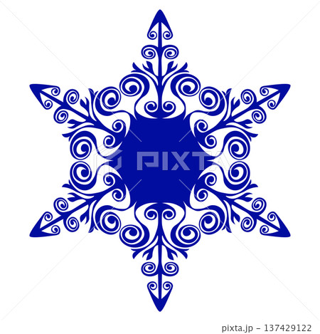 Blue template snowflake with shadow. Isolated snowflakes icon, round mandala. Winter Holiday cartoon flat illustration. Merry Christmas and New year Vector. Hand draw style 137429122