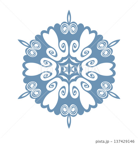 Blue template snowflake with shadow. Isolated snowflakes icon, round mandala. Winter Holiday cartoon flat illustration. Merry Christmas and New year Vector. Hand draw style 137429146