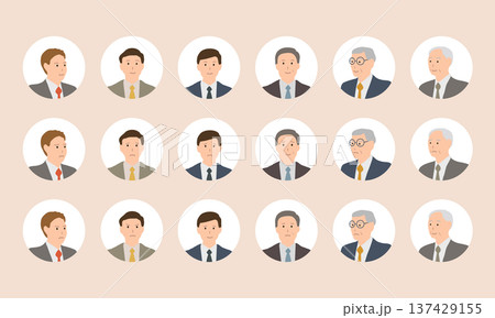 ビジネス男性の表情アイコンセット スーツ姿の年齢別バリエーション ビジネス男性の表情アイコンセット スーツ姿の年齢別バリエーション 137429155