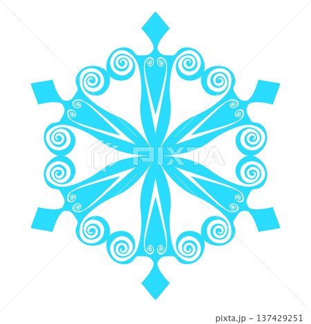 Blue template snowflake. Isolated snowflakes icon, round mandala. Winter Holiday cartoon flat illustration. Merry Christmas and New year Vector. Hand draw style 137429251