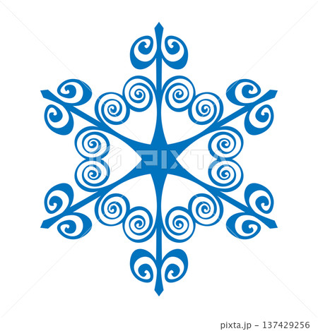 Blue template snowflake. Isolated snowflakes icon, round mandala. Winter Holiday cartoon flat illustration. Merry Christmas and New year Vector. Hand draw style 137429256