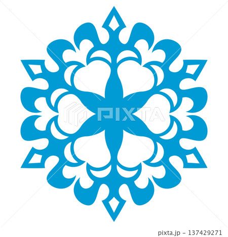 Blue template snowflake. Isolated snowflakes icon, round mandala. Winter Holiday cartoon flat illustration. Merry Christmas and New year Vector. Hand draw style 137429271