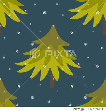 Winter seamless pattern with Christmas tree and snowflakes on color background. Vector illustration for fabric, textile wallpaper, posters, gift wrapping paper. Merry Christmas and New year Vector 137429291