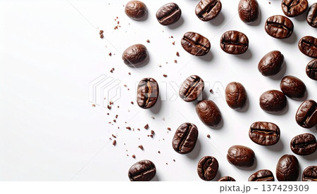 白い背景に散らばる焙煎コーヒー豆のミニマルな俯瞰撮影:明るい自然光とコピースペースのある背景素材 白い背景に散らばる焙煎コーヒー豆のミニマルな俯瞰撮影:明るい自然光とコピースペースのある背景素材 137429309