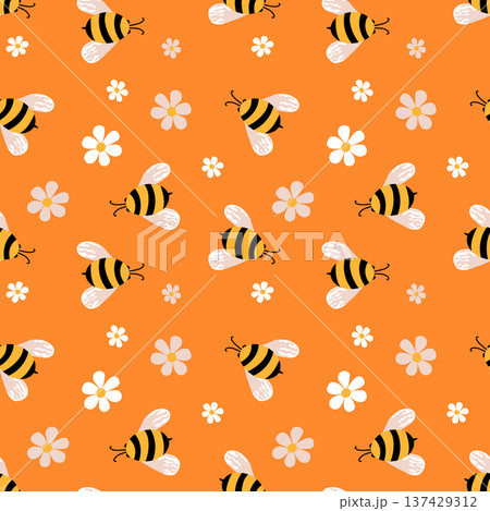 Seamless pattern with bees. Small wasp. Vector illustration. Design for invitation, cards, textile, fabric. Doodle style 137429312