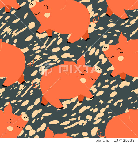 Vector flat animals colorful illustration for kids. Seamless pattern with cute pig on color floral background. Adorable cartoon character. Design for textures, card, poster, fabric, textile 137429338