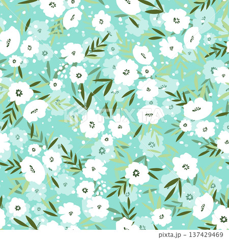 Seamless floral pattern based on traditional folk art ornaments. Colorful flowers on color background. Scandinavian style. Sweden nordic style. Vector illustration. Simple minimalistic pattern 137429469