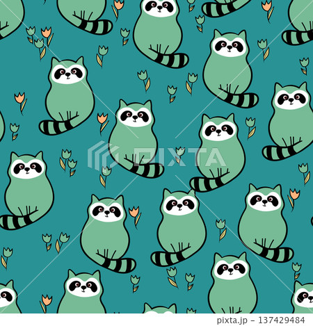 Vector seamless repeating childish pattern with cute raccoon in doodle style. Animals background for invitation, poster, card, flyer, textile, fabric 137429484