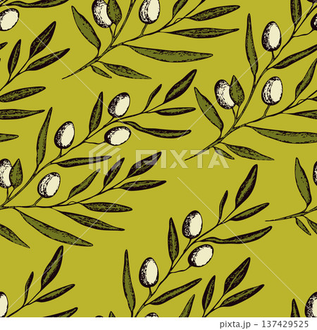 Seamless pattern with olive branch. Ink hand drawn olives background. Botanic plant vector illustration for print, fabric, textile. A sprig of an olive tree with leaves. Food concept Seamless pattern with olive branch. Ink hand drawn olives background. Botanic plant vector illustration for print, fabric, textile. A sprig of an olive tree with leaves. Food concept 137429525