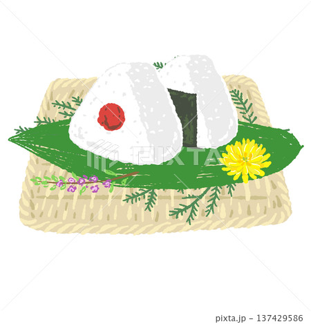 梅干しおにぎりと四角い竹ザルのセット 137429586