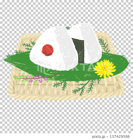 梅干しおにぎりと四角い竹ザルのセット 137429586