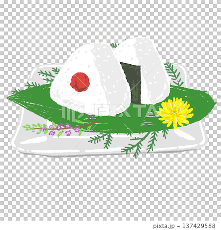 梅干しおにぎりと白い角皿のセット 137429588