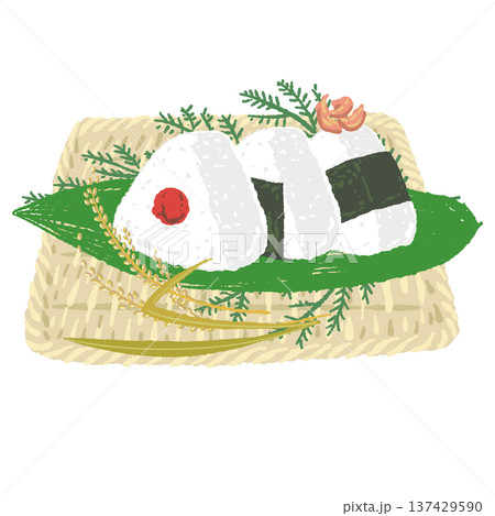 海苔おにぎりと四角い竹ザルのセット（稲穂） 137429590