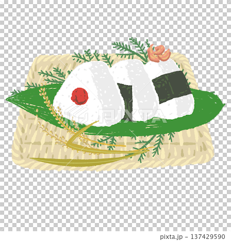 海苔おにぎりと四角い竹ザルのセット（稲穂） 137429590
