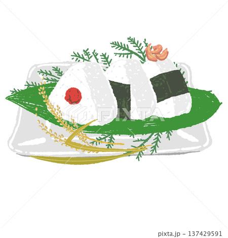 海苔おにぎりと白い角皿のセット(稲穂) 海苔おにぎりと白い角皿のセット(稲穂) 137429591