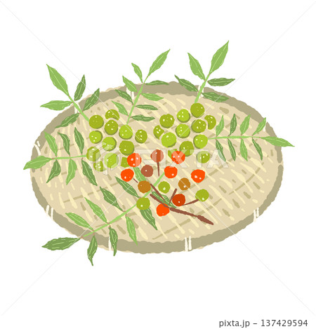 山椒の実と丸い竹ザルのセット 山椒の実と丸い竹ザルのセット 137429594