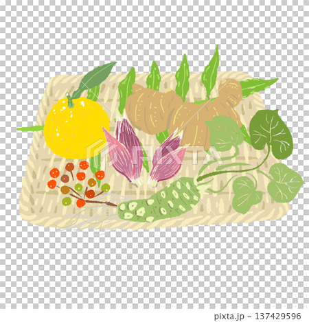 和の薬味盛り合わせと四角い竹ザルのセット 137429596